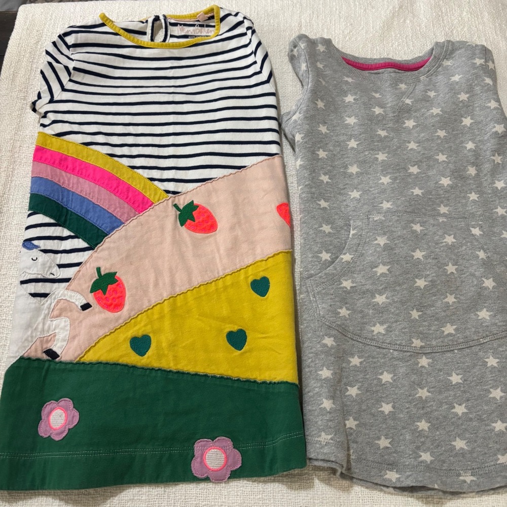 Mini Boden Girls Striped Unicorn Rainbow Applique Jersey Dress Blue White 5-6Y